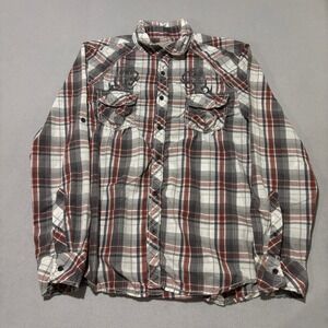 Warehouse One Mens Large Red Grey Plaid Tribal Cross Western Button Up Shirt